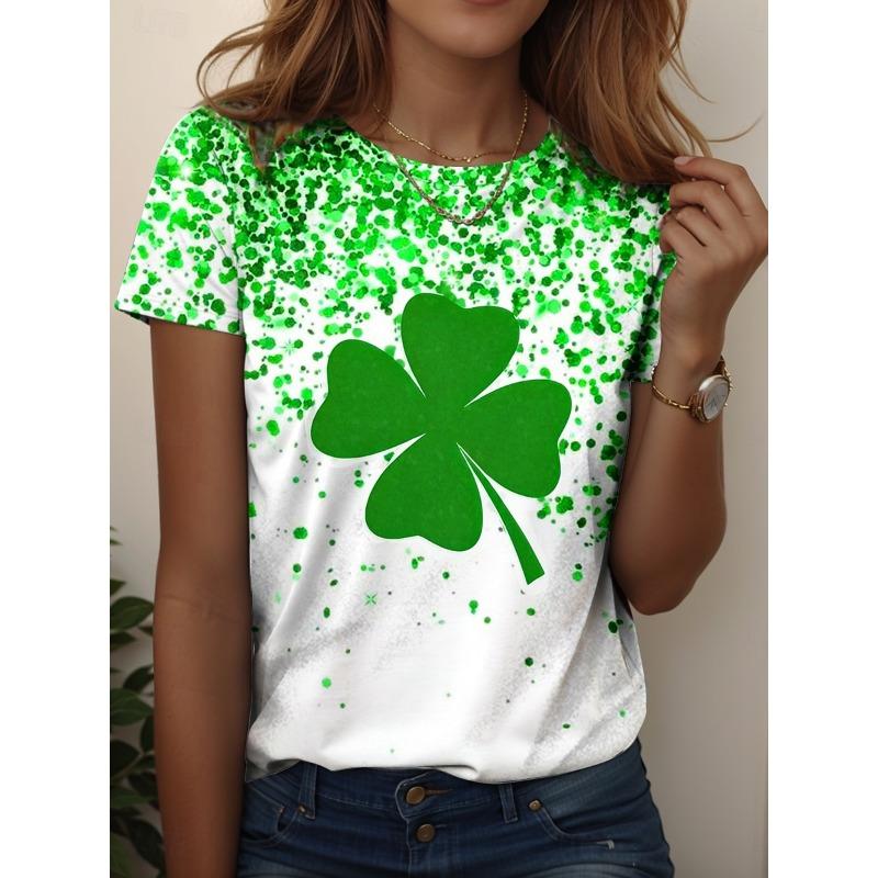 Women's T-shirt - Green Lucky Clover - 3D Printed - Loose Collar - Short Sleeve - T-Shirt - Women's Clothing