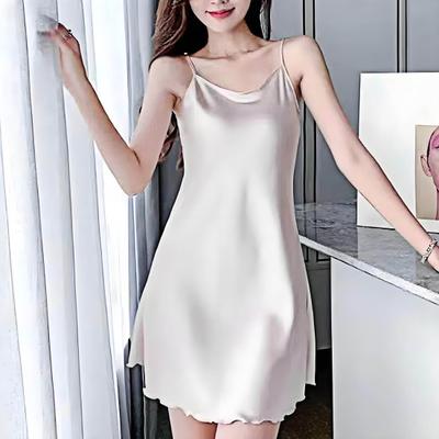 Camisola de Cetim Sexy Feminina Decote Redondo Sedosa Camisola de Alças Finas Sem Mangas Camisola Vestido de Pijama