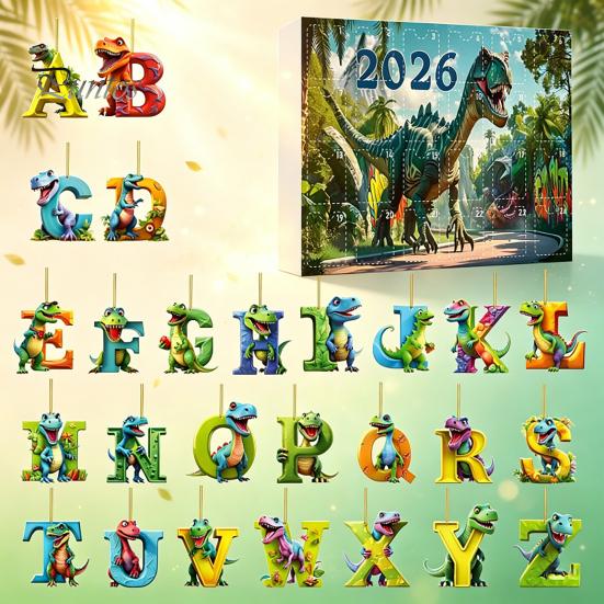 Englischer Aufklärungs Lernwerkzeug 26 Buchstaben Cartoon Dinosaurier Adventskalender, 2D Acryl Dino Figuren Nicht Wiederholende Buchstaben Ornamente Weihnachten
