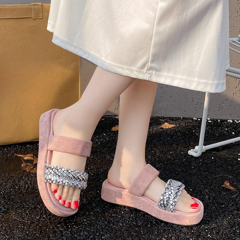 Fashion Summer New Rhinestone Fashion Outside Wear Versatile Heightened Flip-Flop Round Toe Open Toe Small Platform Beach Slippers