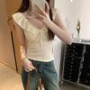 Chic Ruffle Edge Lace-up Vest Knitted Sweater Women's Summer Sweet Wind Slim and Thin Temperament Sleeveless Top
