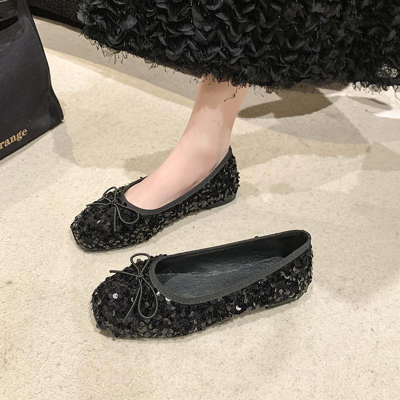 

Gentle evening shoes spring and autumn new shoes square head light mouth flat bottom silver sequined fairy single shoes 35 чёрный