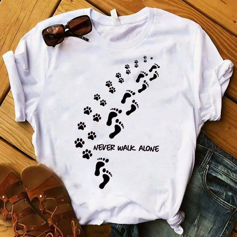 Women T Graphic Flower Never Walk Alone Dog Paw Fashion Printed Top Tshirt Female Tee Shirt Ladies Clothes Tshirt
