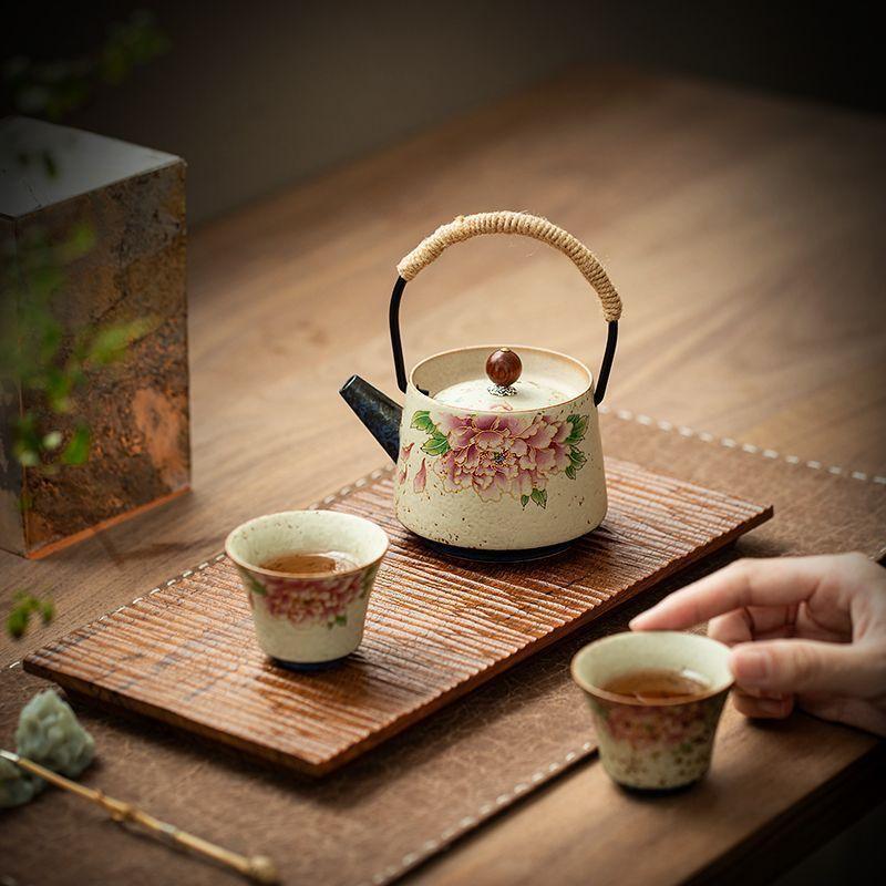 Creative red peony beam pot ceramic tea kettle single pot high-end exquisite personal teapot kung fu tea set
