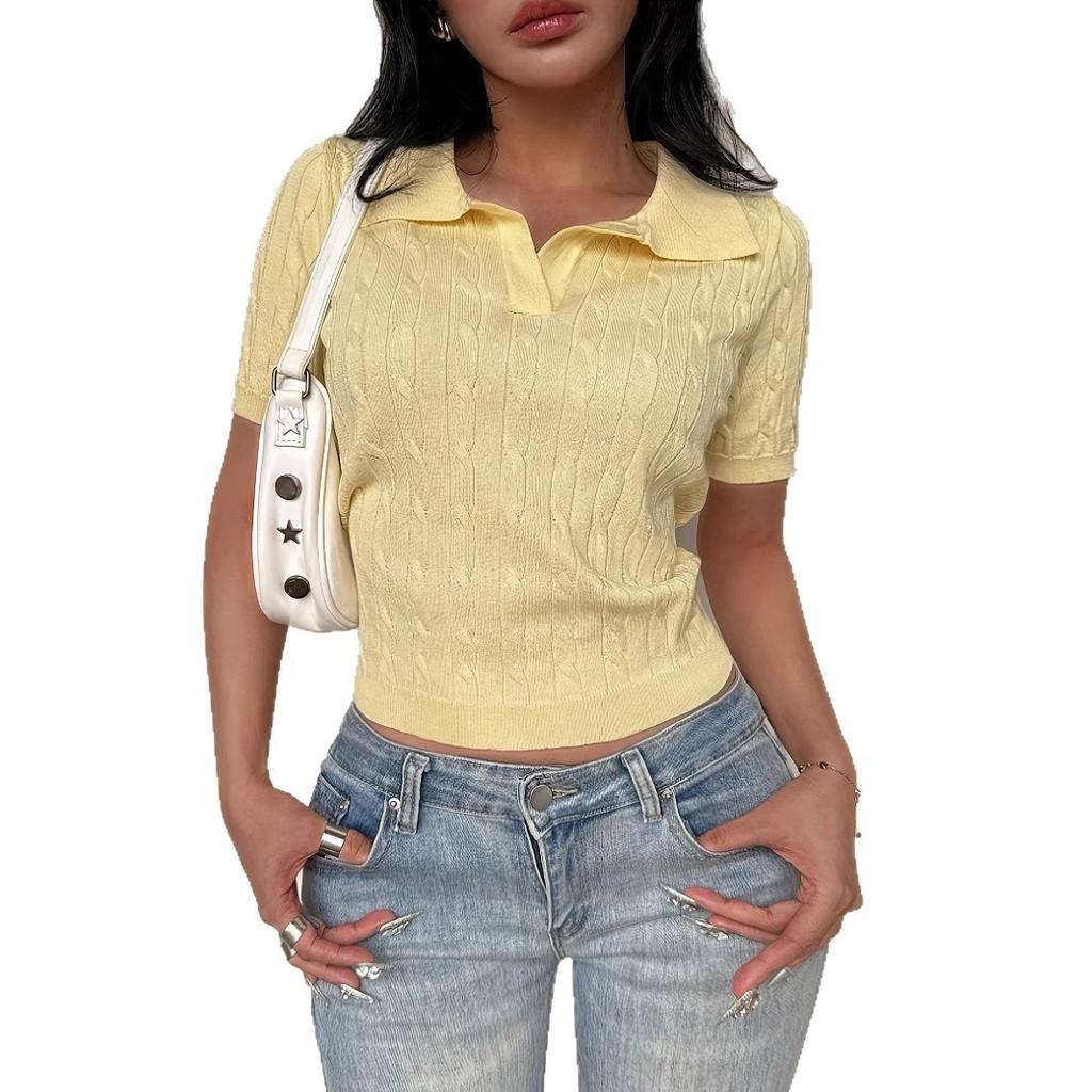 Top Corto Casual a Maglia con Scollo a Polo a Maniche Corte da Donna