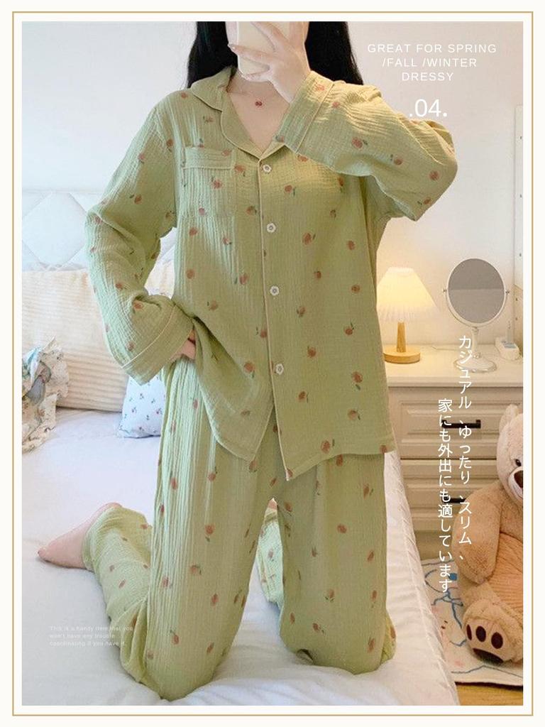 MilaCorinna Pajama Long and Peach and and Loose Perfect for and Winter Women's Anti-Static 2-Piece Set, Cardigan, Sleeves, Pants, V-Neck, Print, Soft,