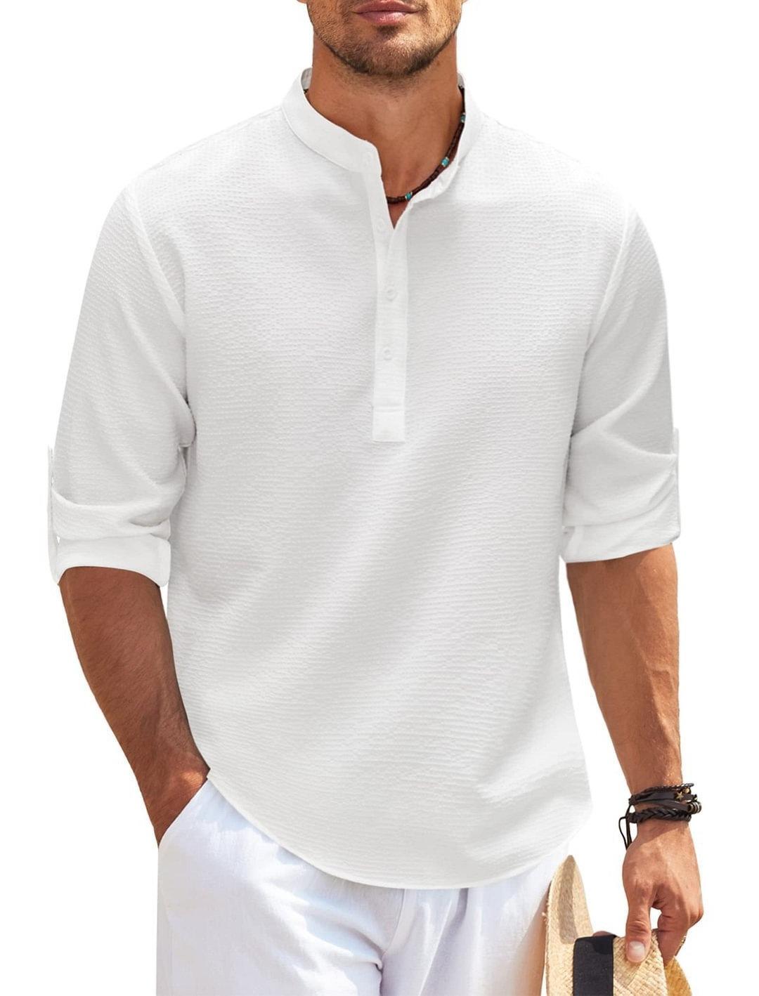 Men S Long Sleeve Stand Collar Waffle Texture Casual Shirt S белый