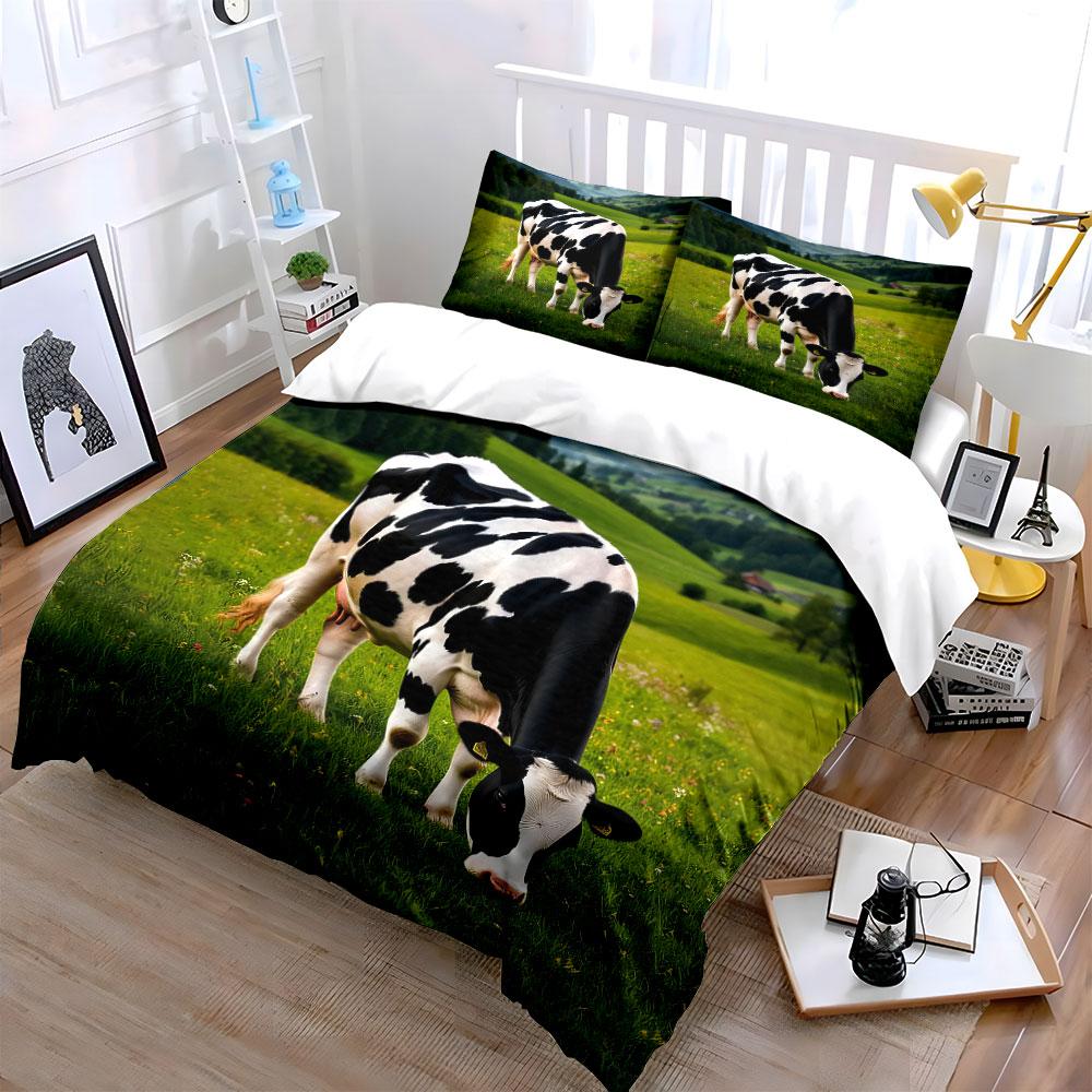 Black and White Cow on Meadow Bedding Duvet Cover Set Duvet Cover Pillowcases (1*Duvet Cover 2*Pillowcases, without duvet insert)