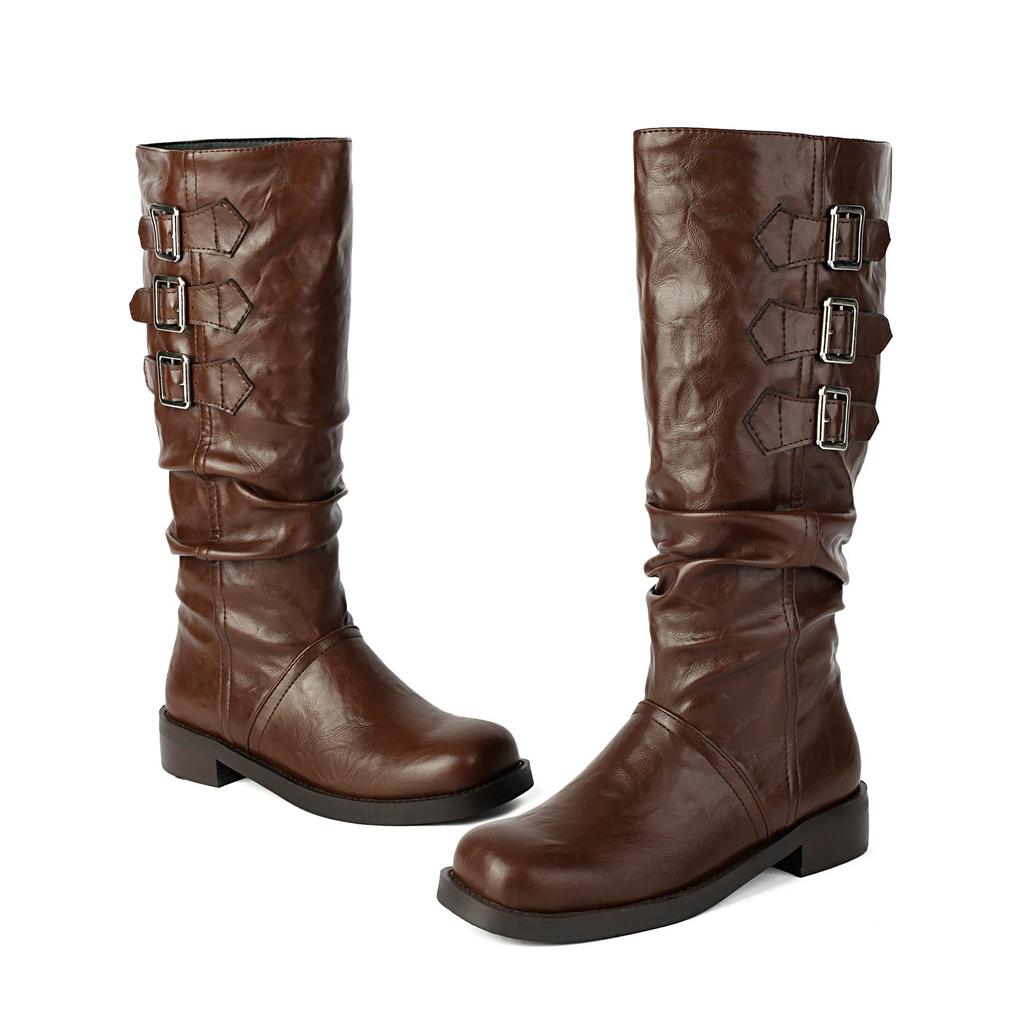 Moto Style Cool Slouch Tall Boots Women Knee High Booties Fit Super Comfy Platform Flat Shoes Winter for Cold Minnesota Weather