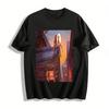 Ancient Chinese Architecture Roof Cool Girls Print Top Moon Night BFF Casual Loose Crew Neck Long Sleeve T-Shirt Pure Cotton T-shirt