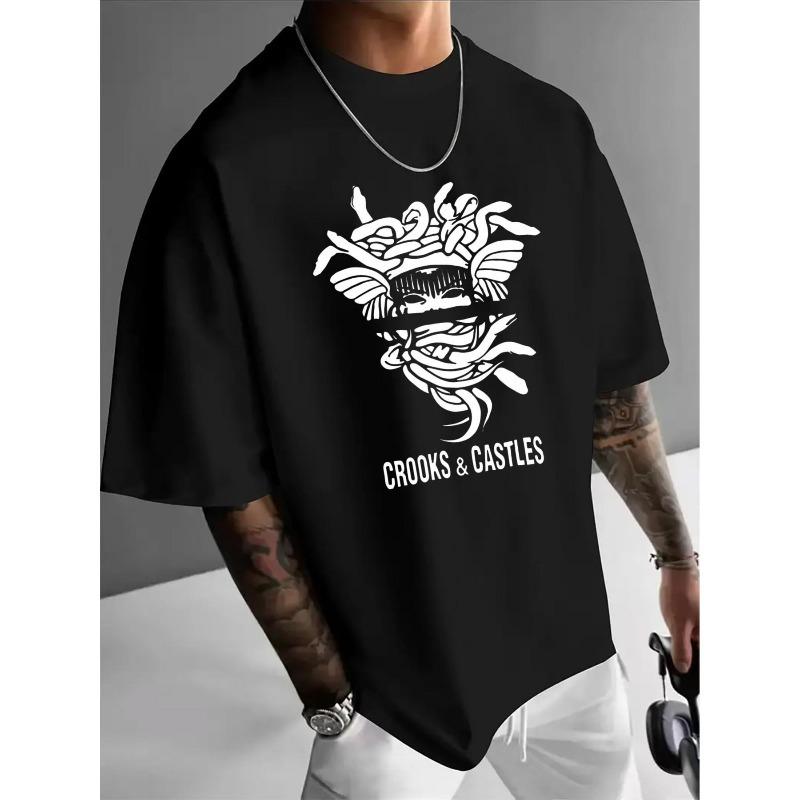 Európske veľkosti Pánske ležérne čierno-biele grafické tričko "Crooks & Castles" - Krátky rukáv, Okrúhly výstrih, Letné tričko so zložitým dizajnom