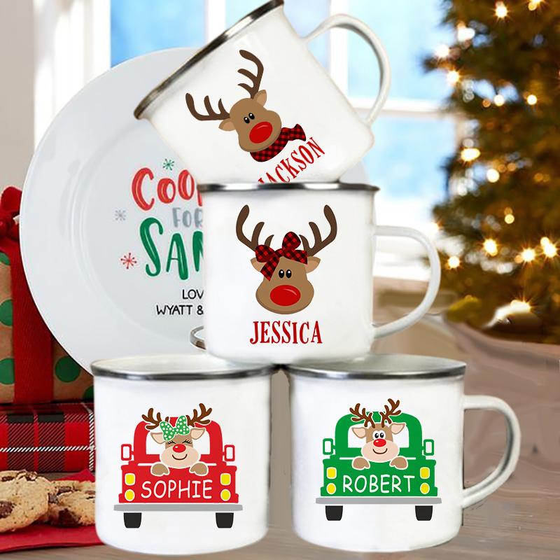 Personalized Mug Custom Deer with Name Cup Christmas Party Drink Hot Cocoa Juice Cups Handle Enamel Mugs Xmas Best Gift for Kids