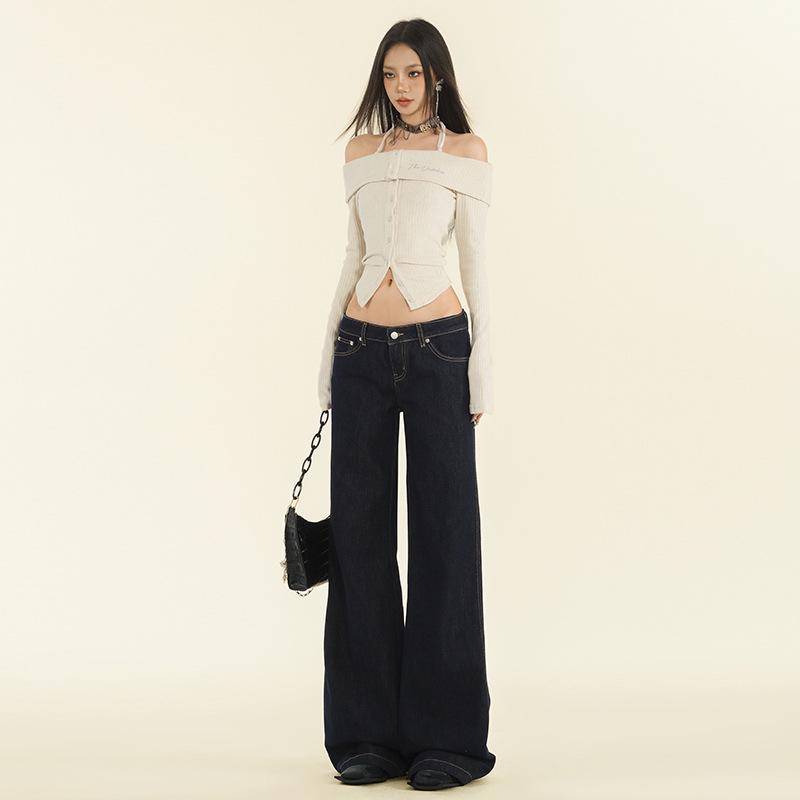 

Women s Dark Blue Low-Waist Micro-Flare Jeans - 2024 Autumn/Winter Straight Loose Fit Wide-Leg Trousers Large