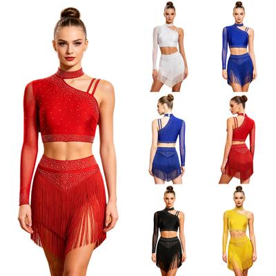 Asymetrický crop top s jedním rukávem a kamínky a vrstvená sukně s třásněmi pro dámy, sada pro latinskoamerické tance Salsa, Cha-Cha, Tango