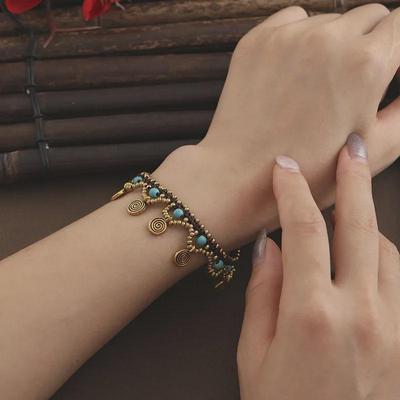 Boho Türkis-Kupfer Perlenarmband mit Wachskordel