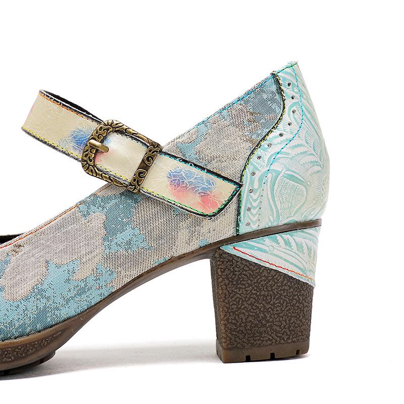 Johnature Patchwork din piele naturală Tocuri înalte cu pantofi retro cu relief pictat manual Pantofi versatili pentru femei