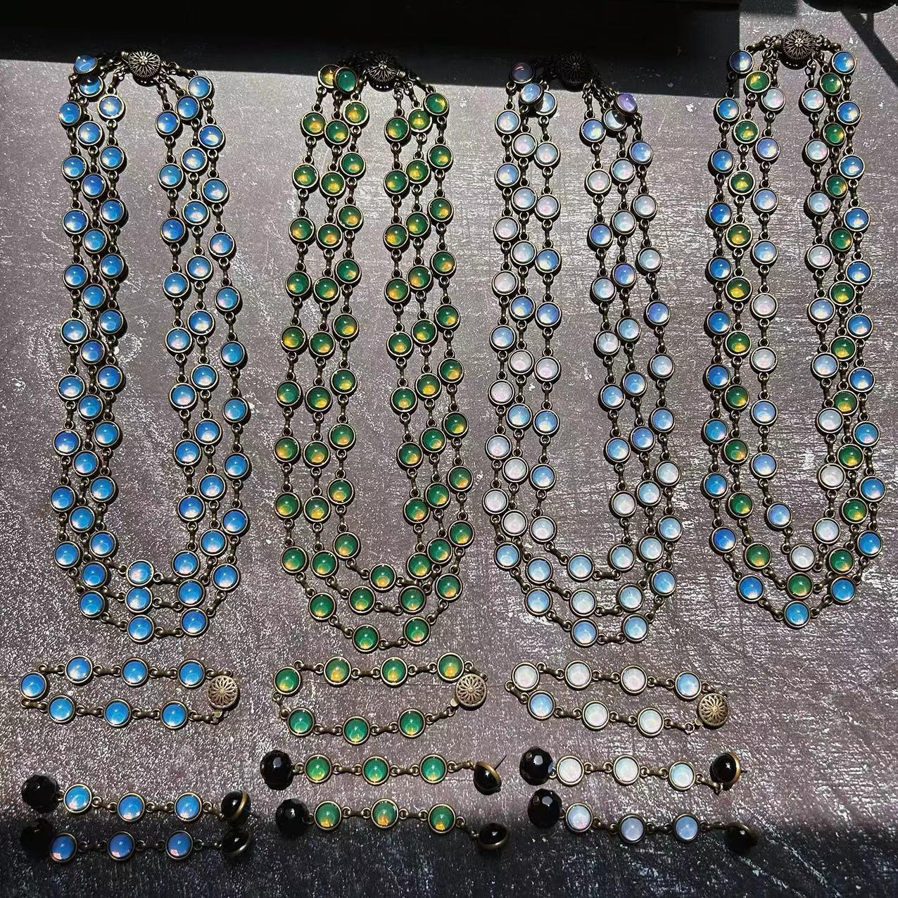 

Vintage Multi-Layered Blue-Green Opal Glass Beaded Necklace & Earrings Set