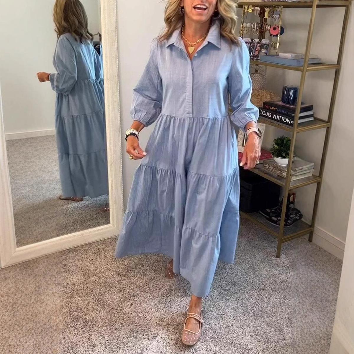 2026 European and American new _ autumn and winter women s casual lapel shirt dress tutu skirt S