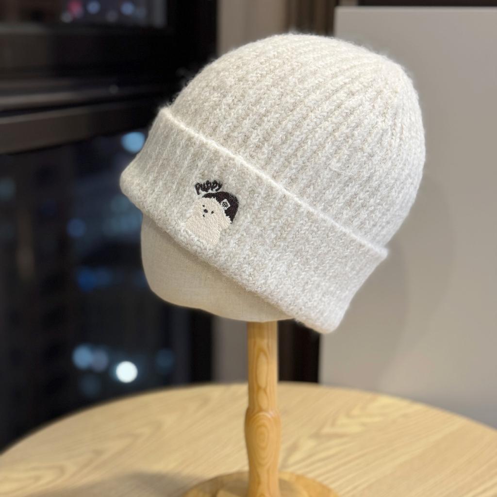 Cute Bear Embroidered Knitted Hat for Women Korean Style Autumn and Winter Warm and Face Friendly Small Ear Protection Woolen Cold Hat