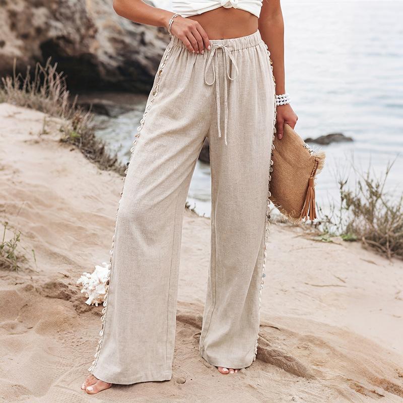Summer 2026 new ethnic vacation style peach-colored side-seamed shell-decorated wide-leg pants S