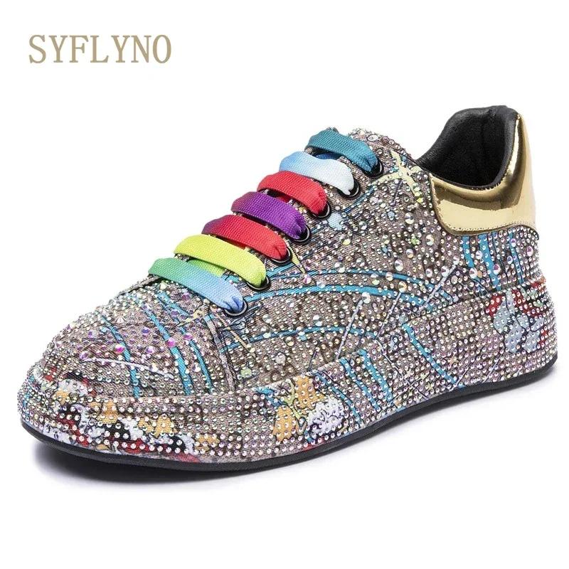 Sneakers Women's Big Size  New Color Rhinestone Fashion Women Loafers Platform Fashion Shiny Women's Shoes Graffiti Rhinestone