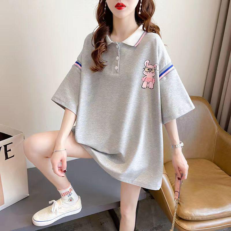 Korean Style Cartoon Print Polo Collar T-Shirt for Medium & Large Kids - Loose, Breathable, Short-Sleeve Summer Top