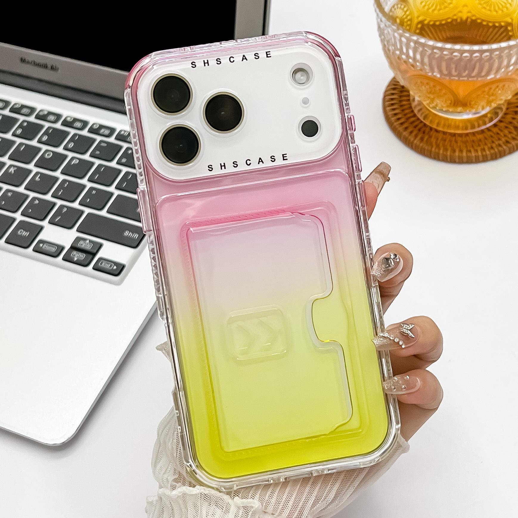 

For iPhone 17 Pro Case Card Holder Gradient Color PC + TPU Anti Drop Phone Back Cover with Lens Film