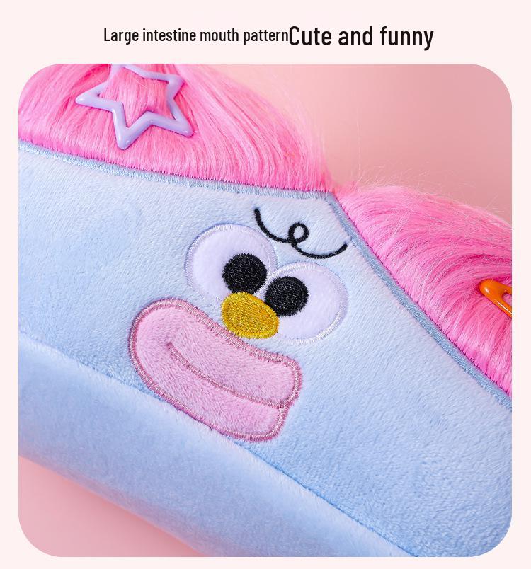 Frizzy Big-Eyed Monster Plush Pencil Case with Heart-Shaped Storage
