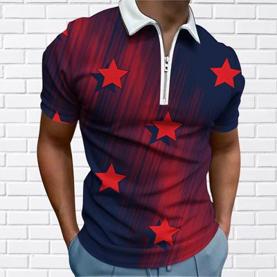 Men's Shirt Polo Casual Zip Short Sleeve Fashion Casual Zipper Summer Spring Regular Fit 3D Five-pointed Star Print Shirt
