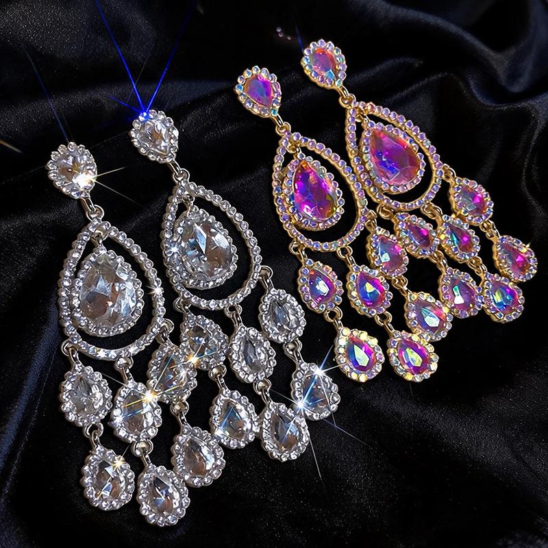 Silver Needle Rhinestone Tassel Stud Earrings: Elegant Niche Design with Water Drop for Women