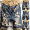 Summer Men Loose Recreational Break Hole Drape Inside Turn Over Decorative Pattern Bull-Puncher Knickers Jeans Denim Pants Men Casual Shorts
