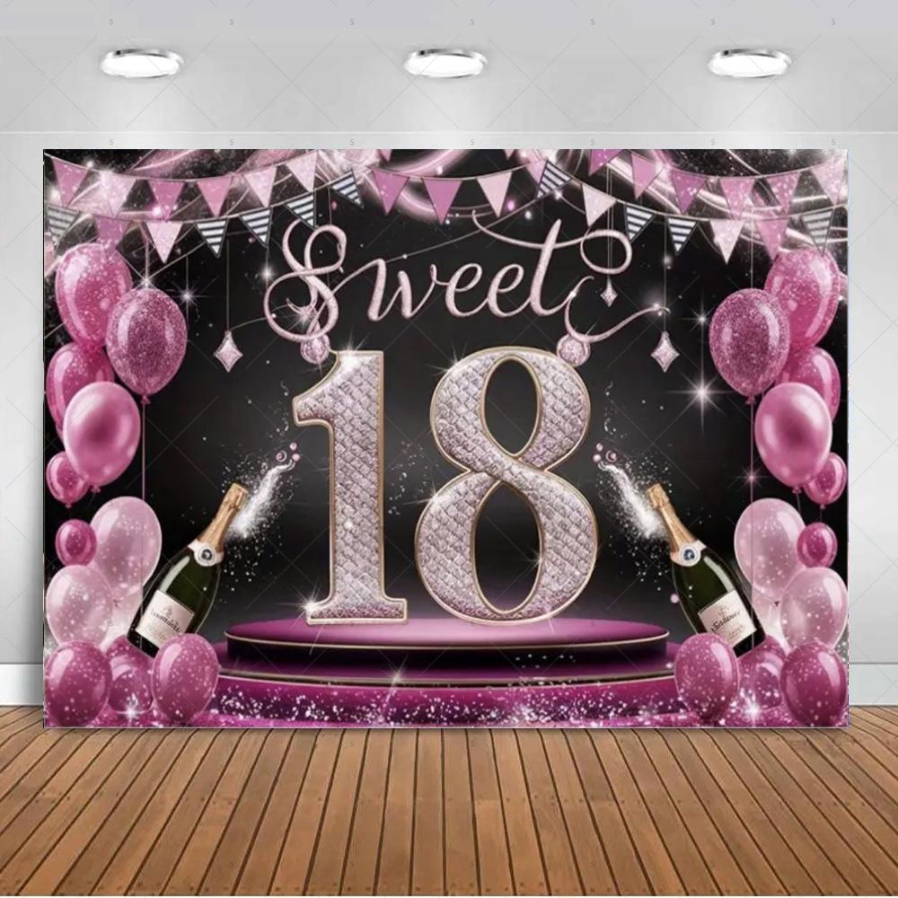 18th  Birthday Partys Decoration Backgound Black Gold Glitter Balloon Banner Women Men Boys Girls Bar Mitzvah Photography Props