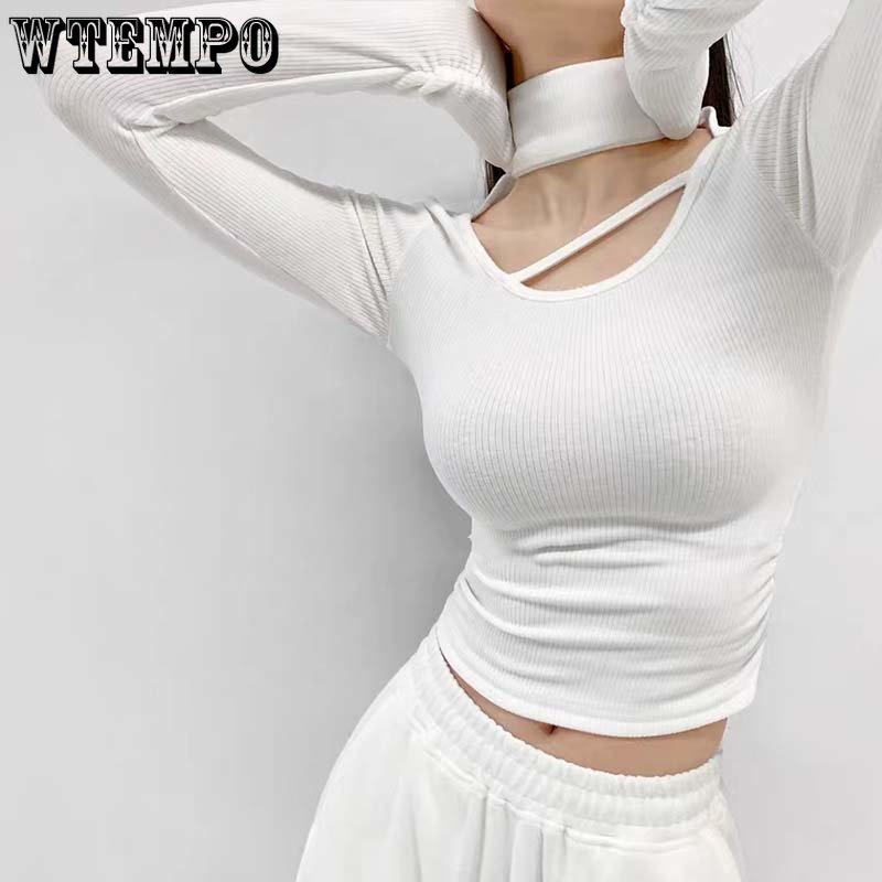 Schlanker dünner Stehkragen-Pullover mit ausgehöhlter Vorderseite Sexy einfarbige Damen Langarmshirt Eng anliegendes Hemd Lässig Frühling Sommer