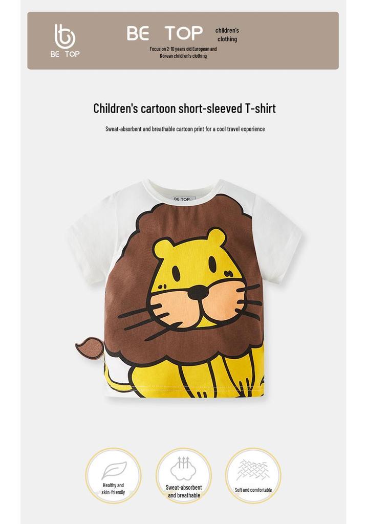 Betop Summer Boys' Cartoon Lion Short-Sleeved Cotton T-Shirt - New Style Baby Clothes
