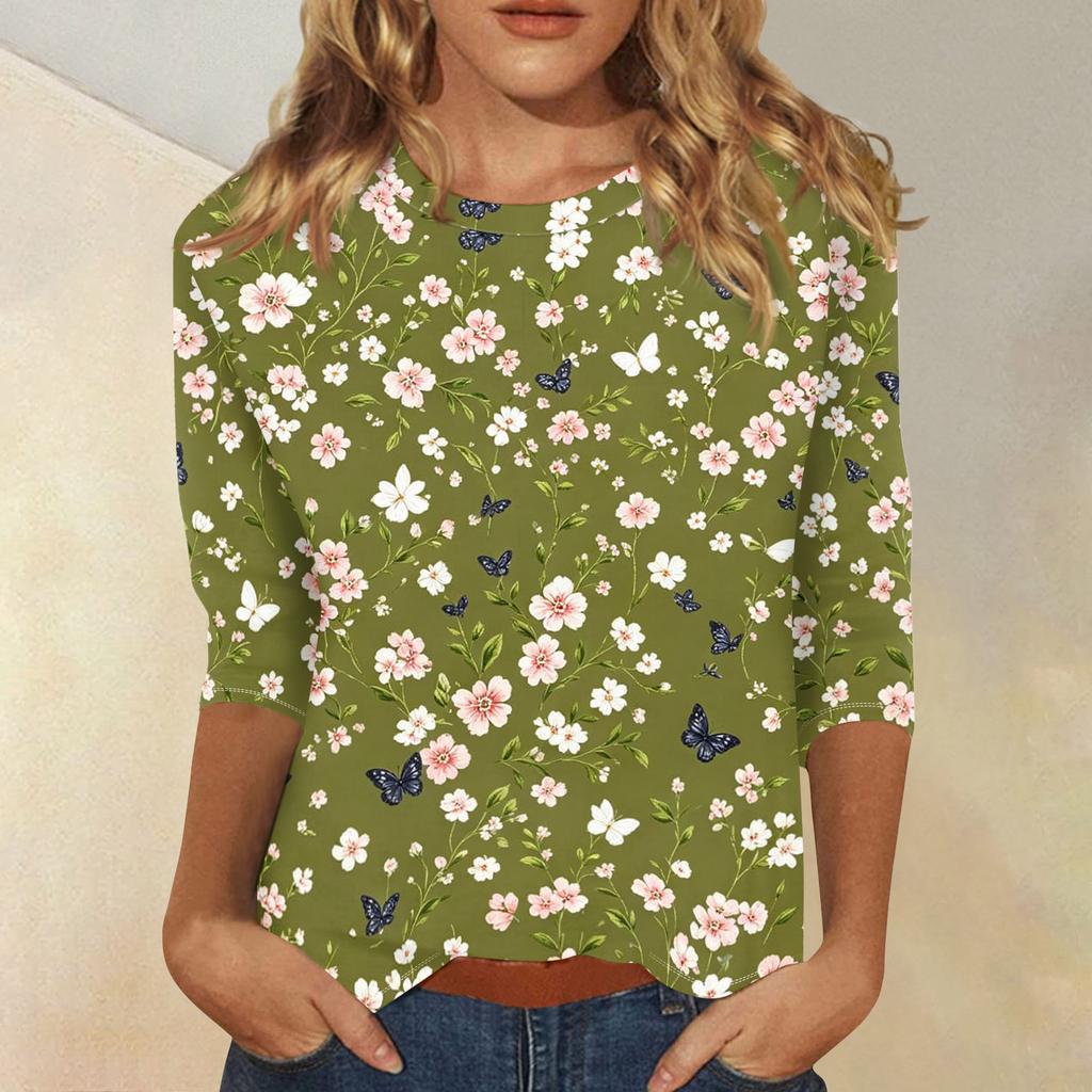 Damen Casual Dreiviertelarm Blumenprint Rundhalsausschnitt Oberteil Leichter Weicher Stoff Bequeme Passform Bluse für den Alltag