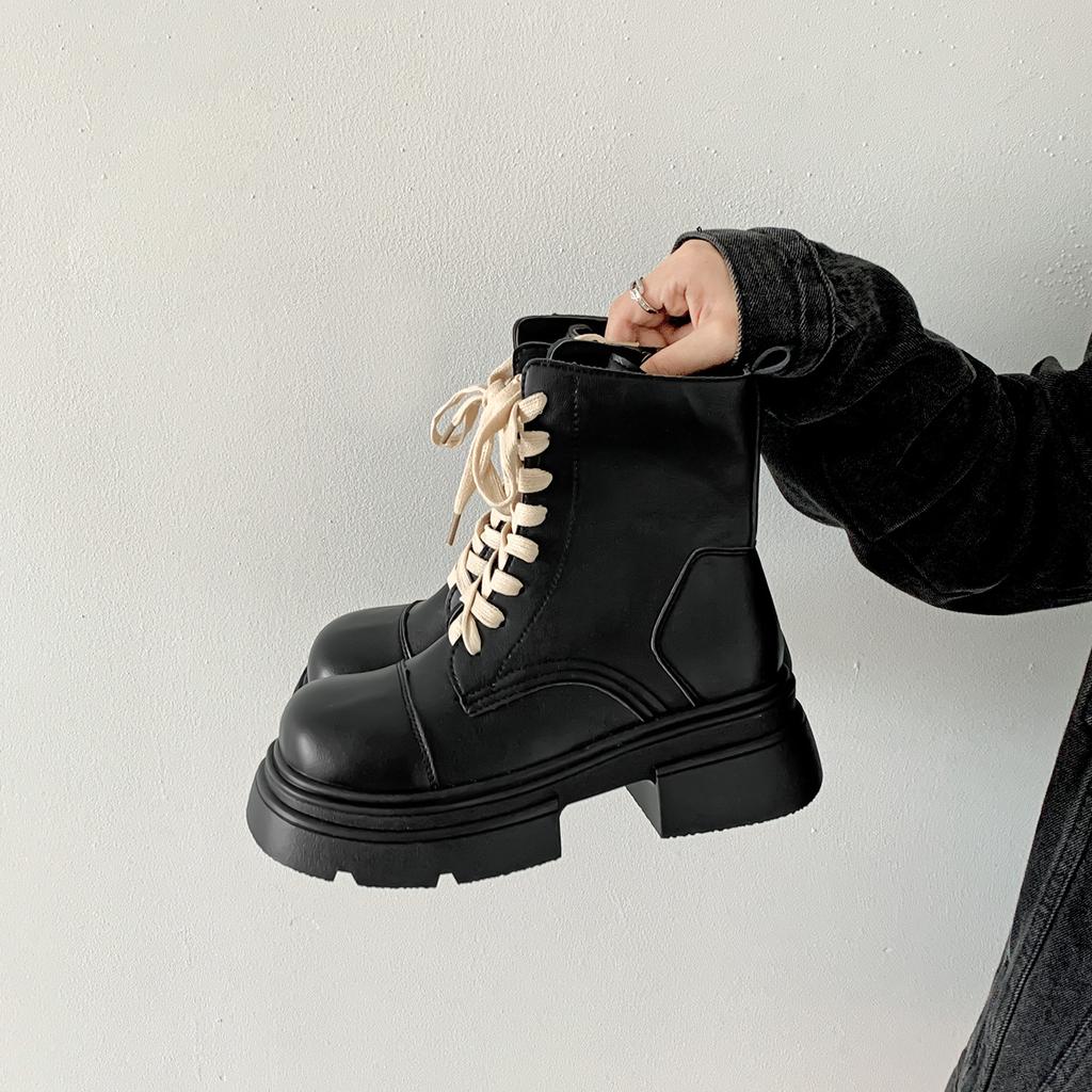 Retro black premium British style platform boots women's  new summer with skirt casual short boots