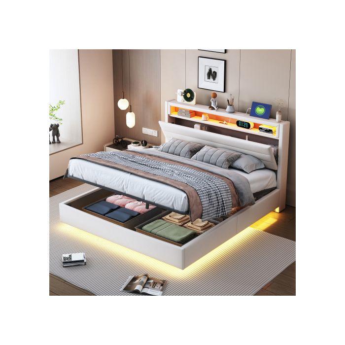 Lit rembourré 140x200 cm, cadre de lit flottant hydraulique avec espace de rangement, tête de lit réversible, lin beige