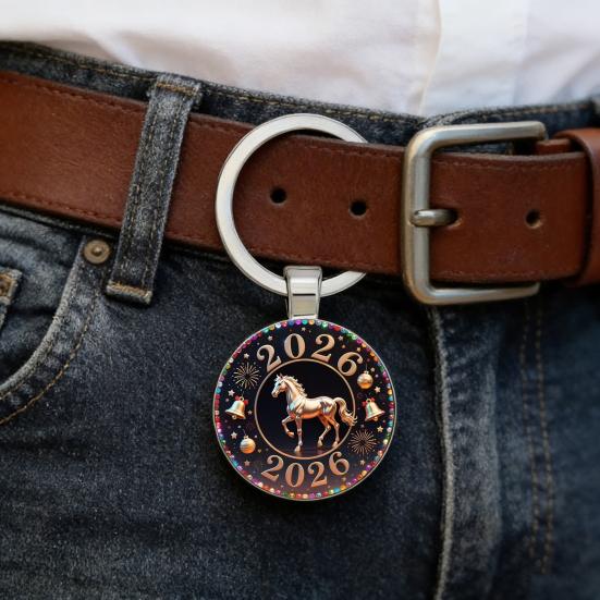 2026 Horse Pattern Keychain 2D Flat Round Metal Pendant for Car Keys Bag Decoration Shin Gift