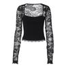 Women Sexy Fashion Lace Hollow Out Spliced Long Sleeve Slim Cropped Blouse