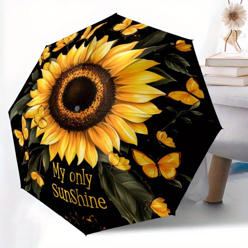 My Only Sunshine Black Umbrella with Vibrant Sunflower & Butterfly Design – Automatic Folding, 8 Sturdy Ribs for Durable Use –