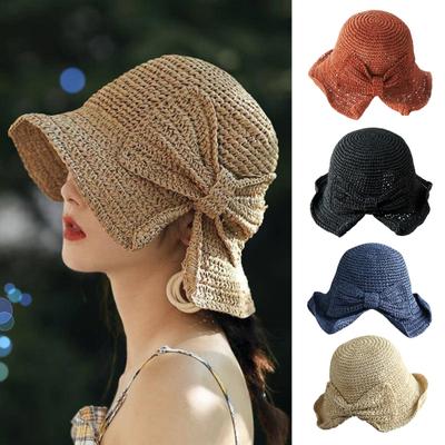 Bucket Hat Wide Brim Straw Summer Hat Bowknot Decor Side Split Design Foldable Sun