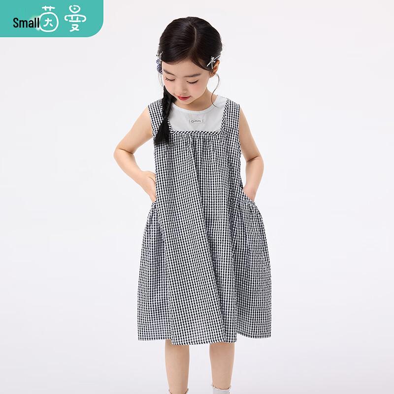 Girls  Fake Two-Piece Plaid Cotton Sleeveless Dress 120