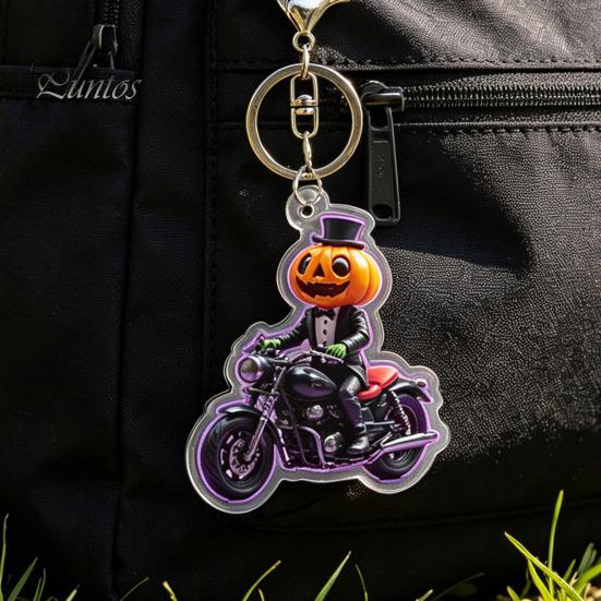 Spooky Bag Accessory Halloween Pumpkin Rider Acrylic Keychain, Motorcycle Man Key Wear Resistant Ornament Ring, Backpacks Handbags Decorative