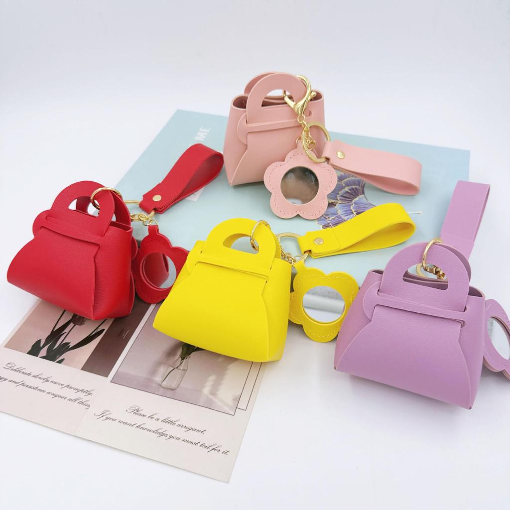 Korean Leather Handbag Keychain with Mini Mirror and Pouch Charm