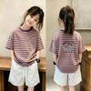 Trendy Striped Short-Sleeve T-Shirt Set for Girls Aged 6-12, Loose Patchwork Summer Top