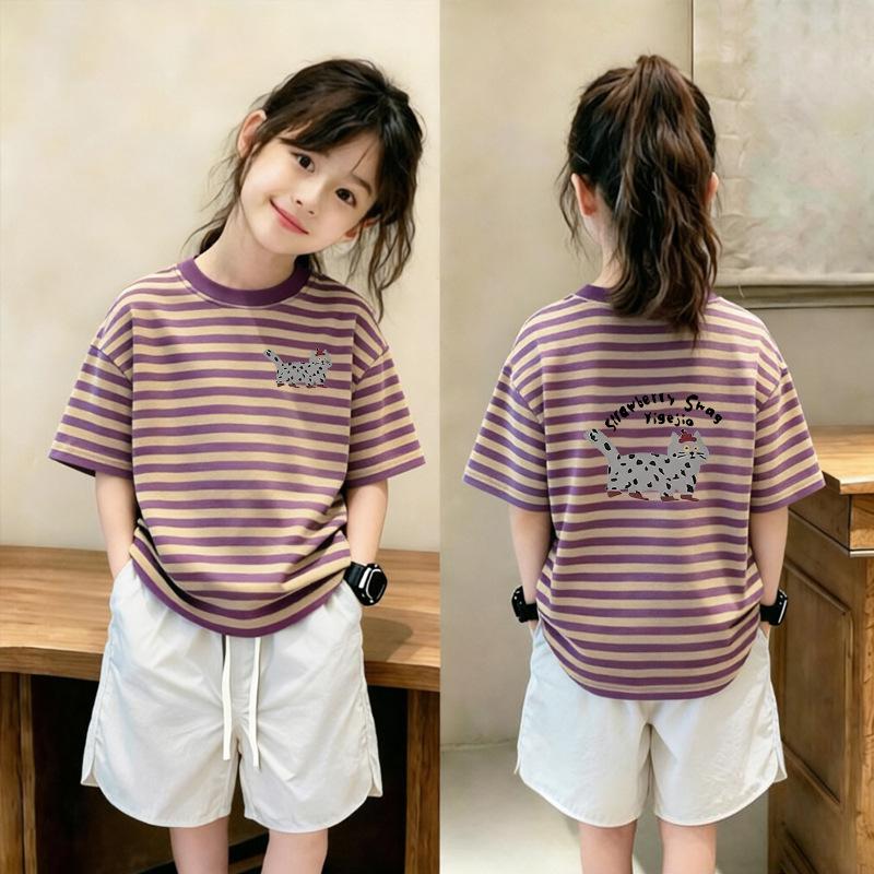 Trendy Striped Short-Sleeve T-Shirt Set for Girls Aged 6-12, Loose Patchwork Summer Top