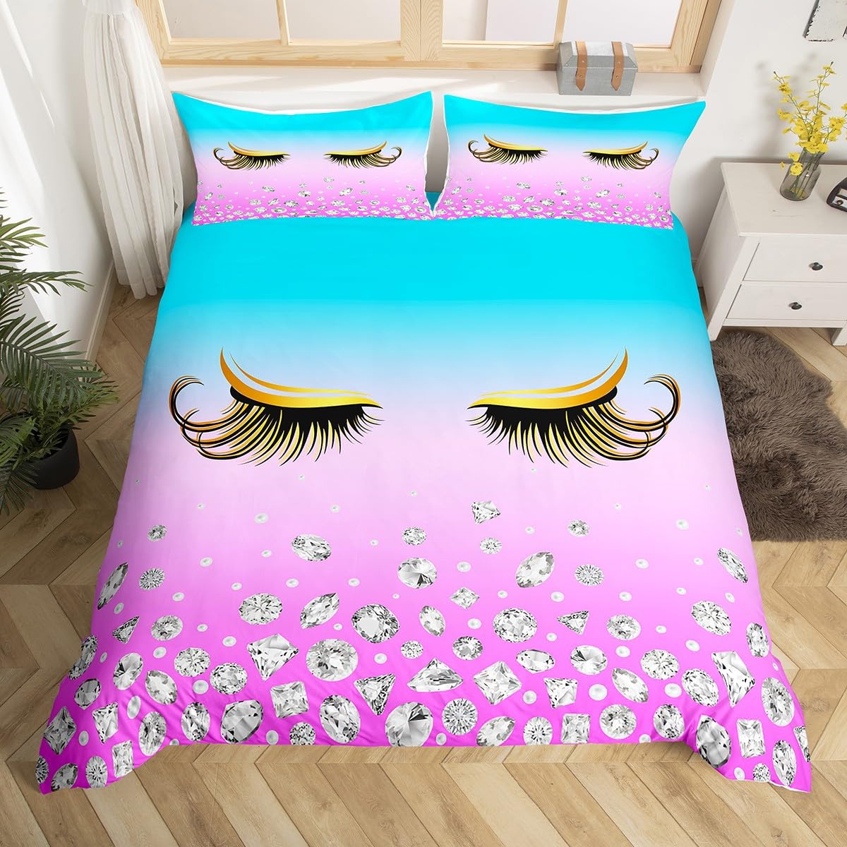 

Eyelash Duvet Cover Queen Golden Girl Lashes Bedding Set Gorgeous Priness Style Comforter Cover for Women Girls Esthetician Gift EU Single(135x200cm)