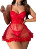 Sexy Ruffle Floral Skirt Underwire Mesh Sheer Lace Babydoll Lingerie Dress with Thong 2 Piece