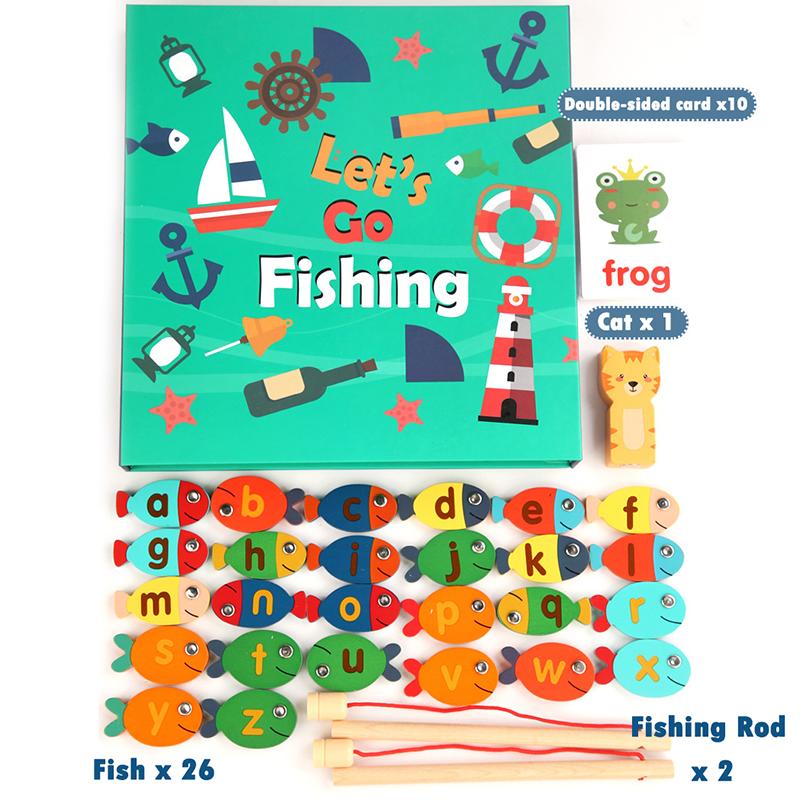 Kids Montessori Toy Wooden Magnetic Fishing Game Fine Motor Skill Counting Catch ABC Alphabet Fish Cognitive Toys Spelling Games