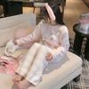 Half fleece pajamas women's sweet and cute strawberry pajamas loose outer wear round neck soft waxy thickened lazy style loungewear